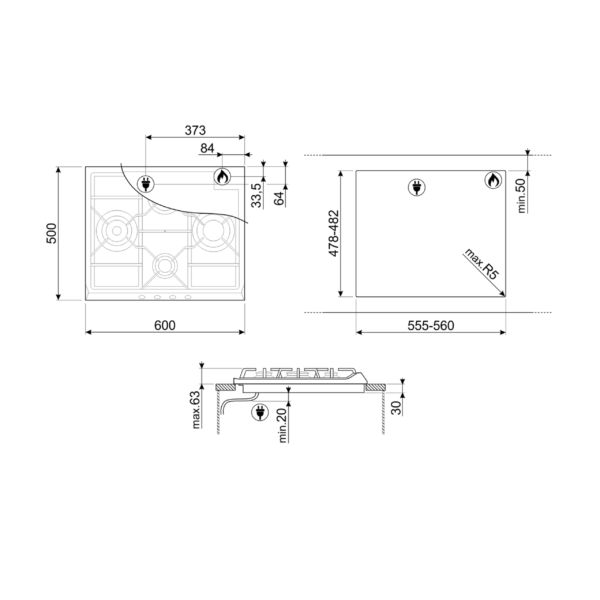 PŁYTA GAZOWA SMEG RYSUNEK TECHNICZNY SR764AO