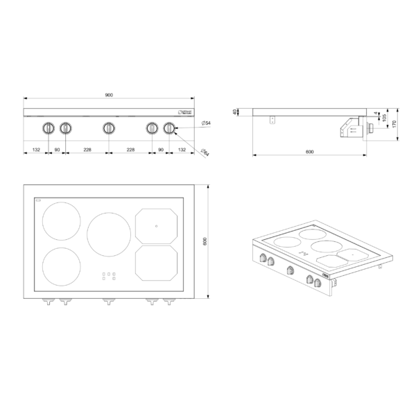 Płyta indukcyjna STEEL ENFASI ALL BLACK 90cm rysunek techniczny