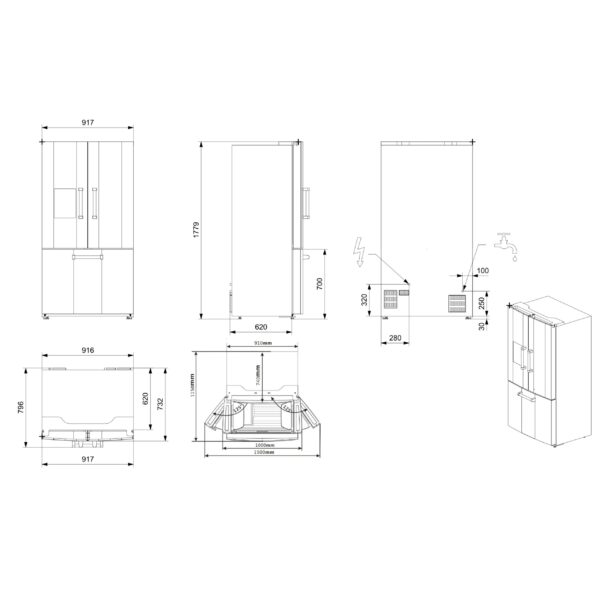 Lodówka french door STEEL GENESI GQFR-9F RYSUNEK TECHNICZNY